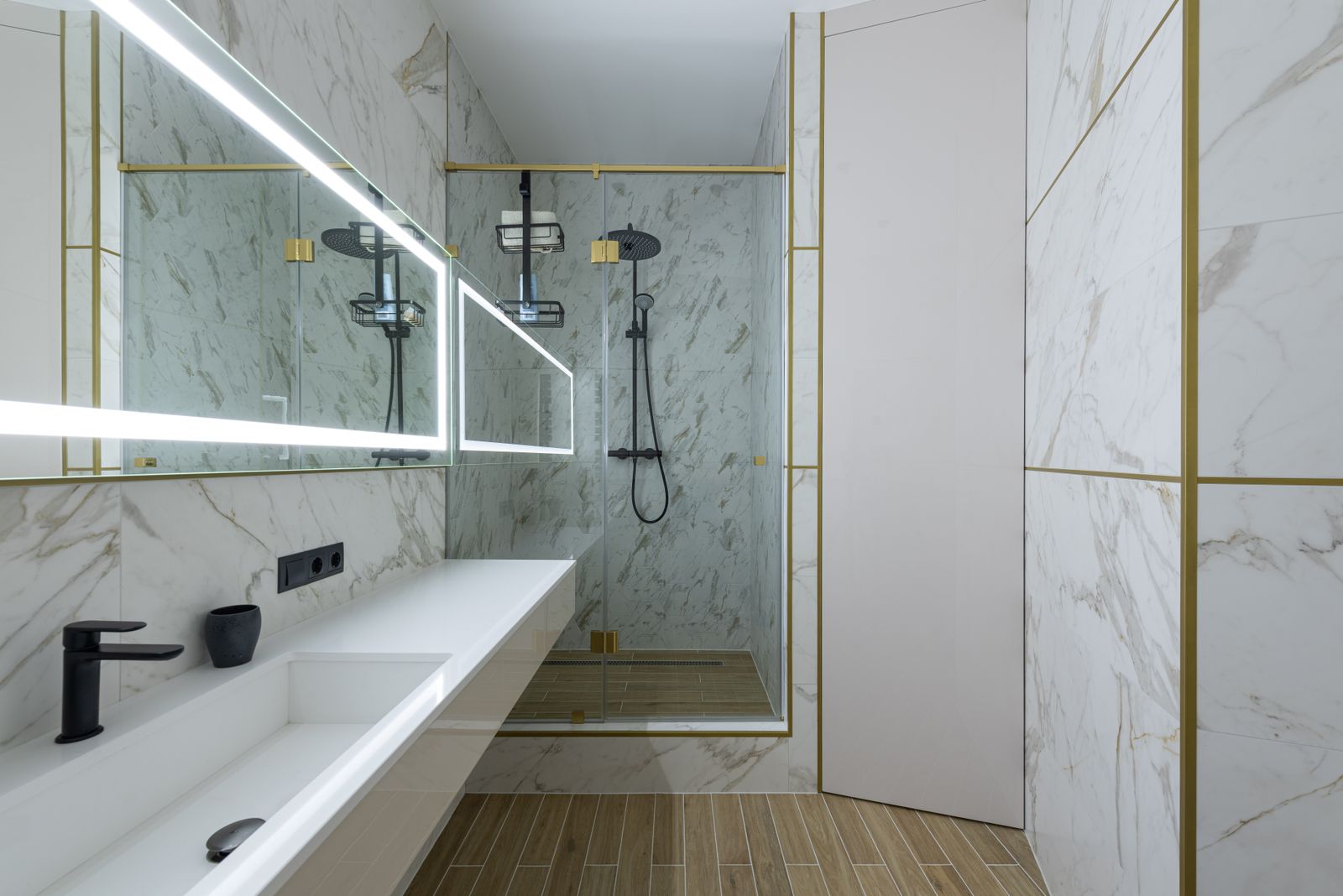 Spa-style bathroom with a walk-in marble tile shower